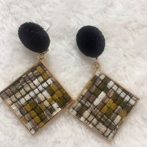Gold-tone black velvet braid Square drop Earrings